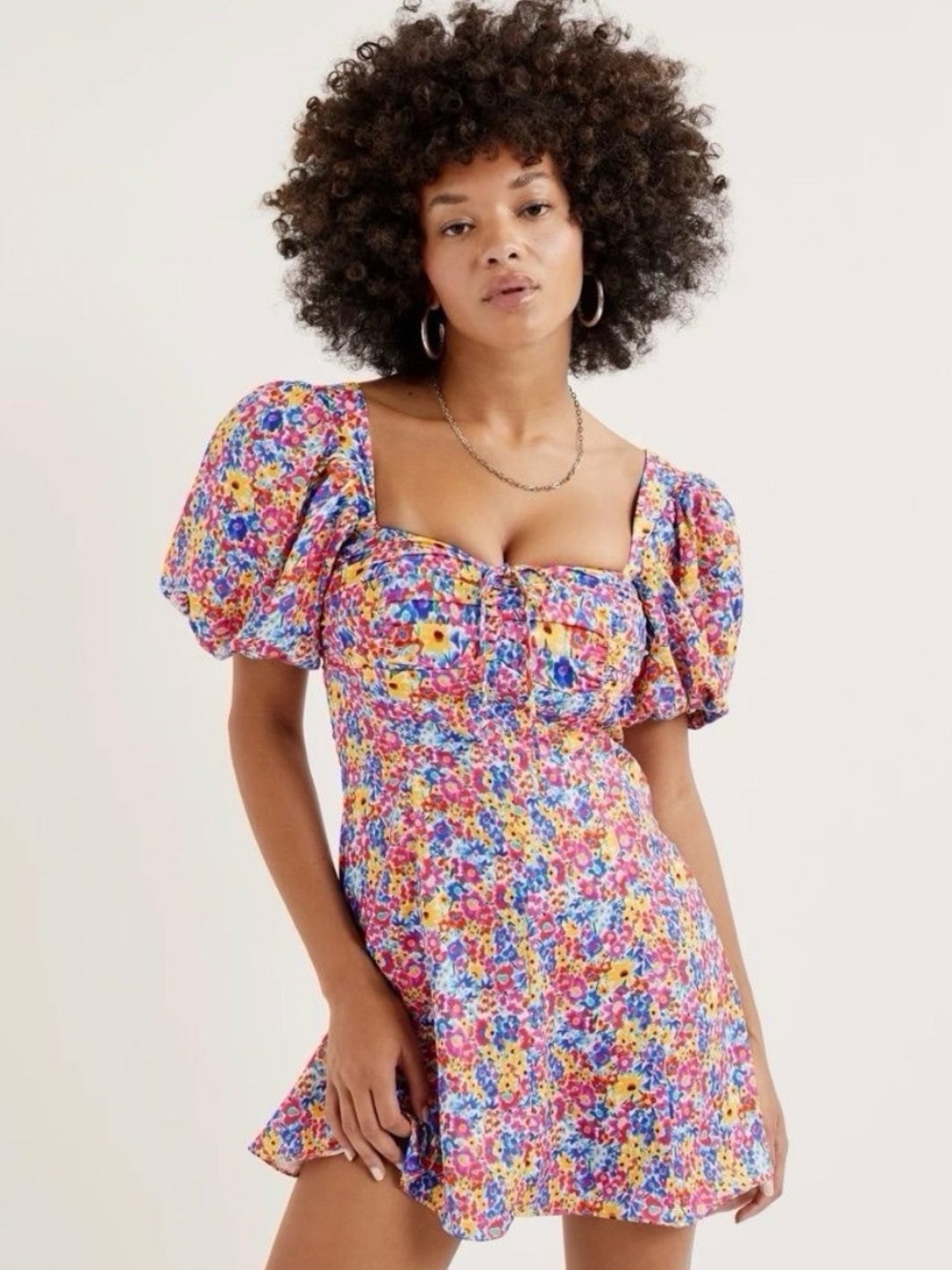 For Love & Lemons Pink Multi Floral Puff-Sleeve Mini Dress